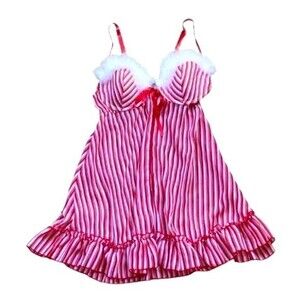 Inner Secrets Red White Stripe Feather Trim Babydoll Nightie Lingerie Sz S